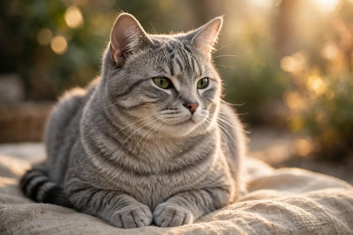 A calm freshly groomed cat in warm sunlight