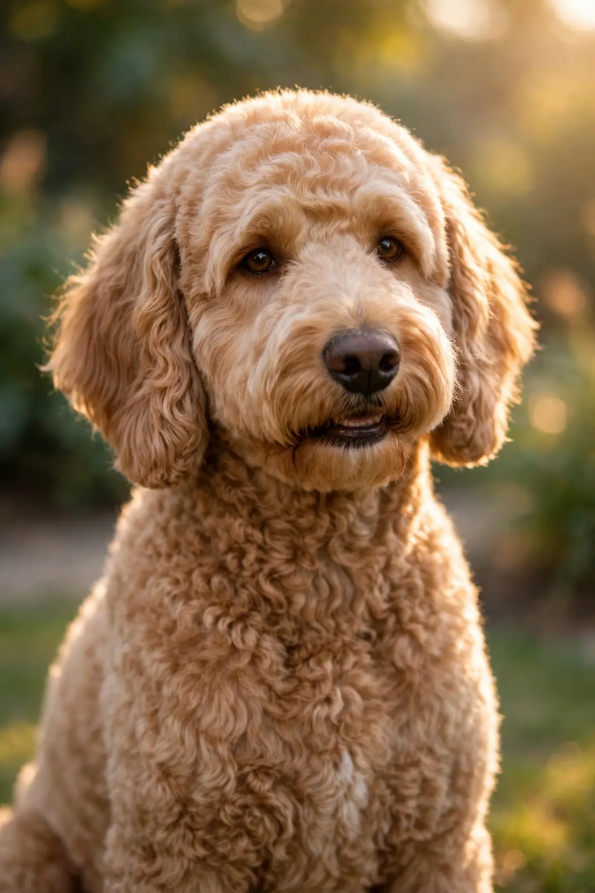 A freshly groomed doodle in soft sunlight