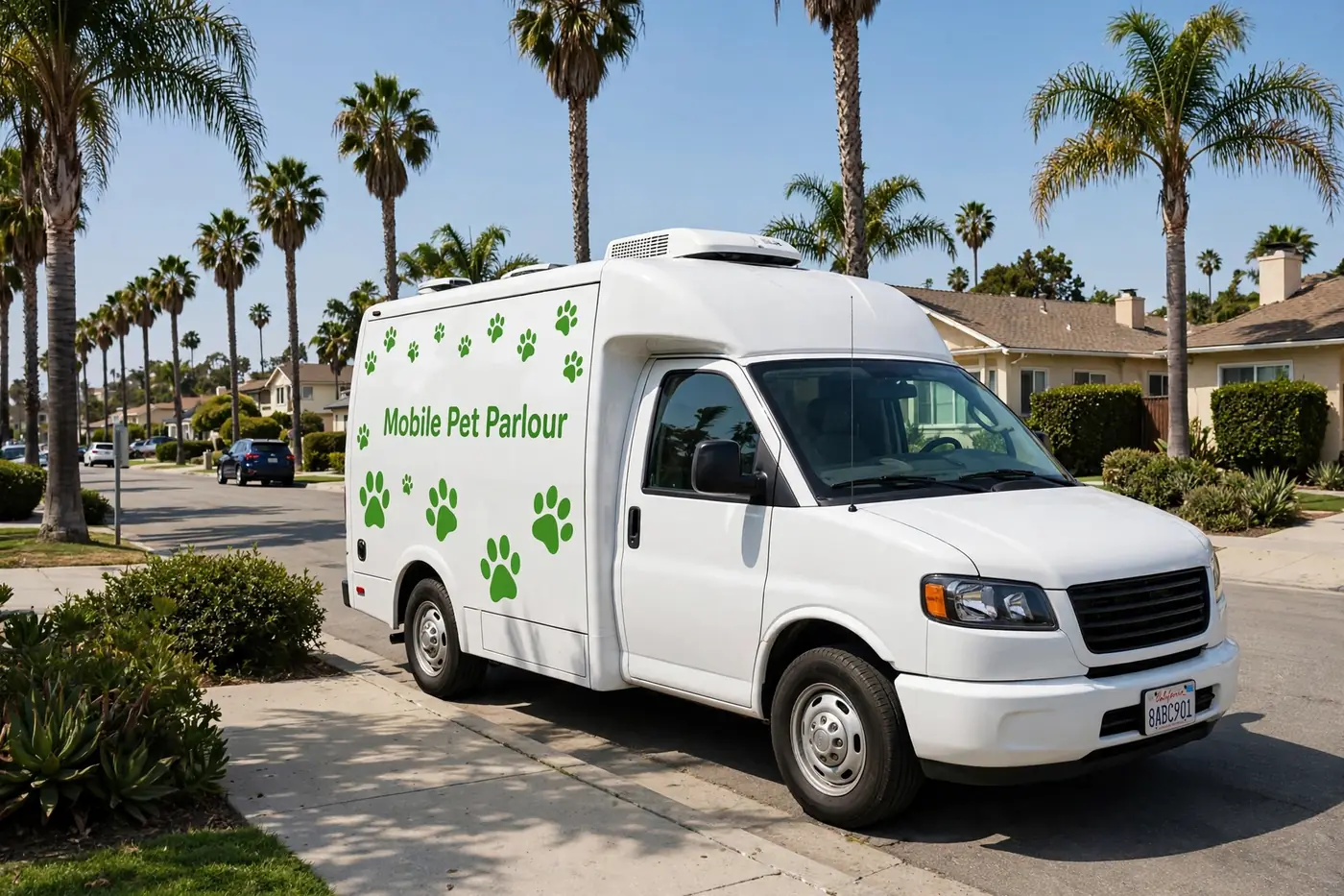 The Mobile Pet Parlour grooming van parked on a sunny palm-lined Huntington Beach street
